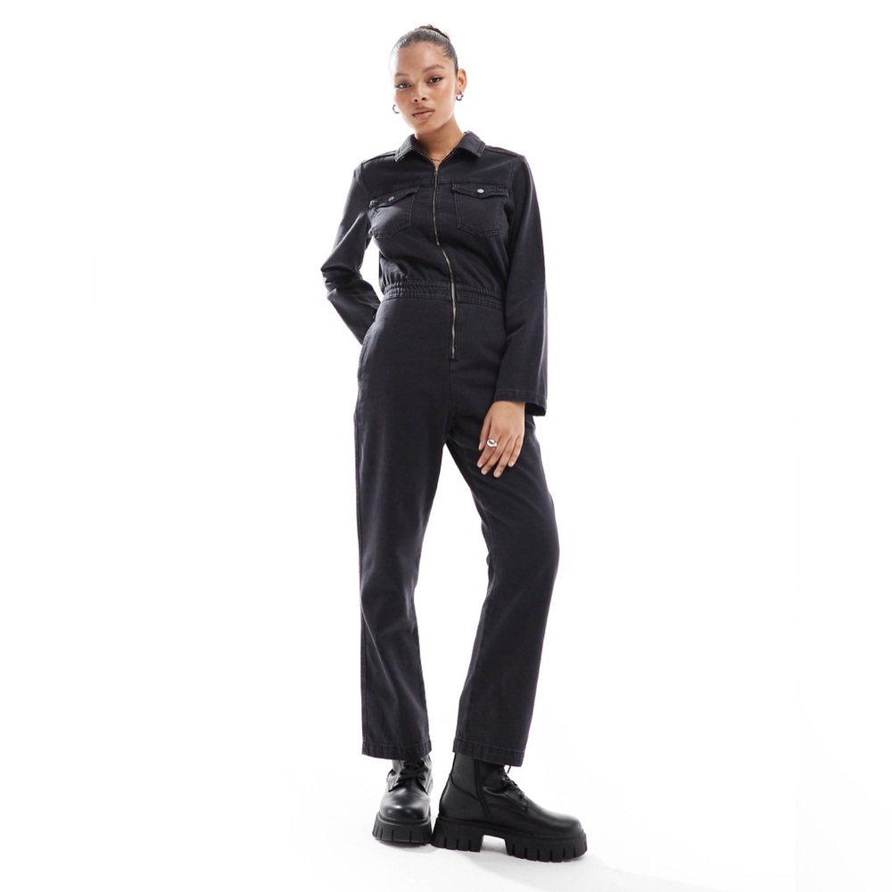 ASOS DESIGN denim jumpsuit with zip and elastic waist in washed black